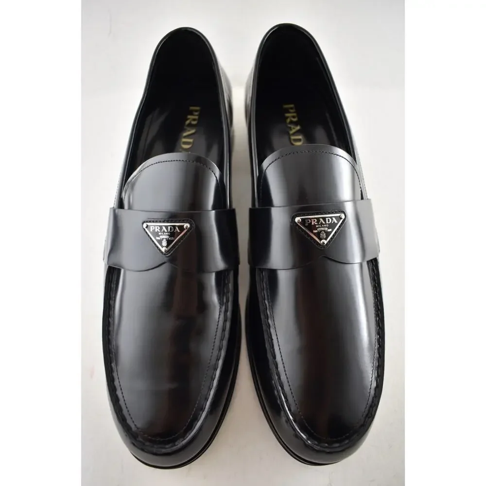 Prada Black Brushed Leather Triangle Logo Classic Loafer SlipOn Flat UK 12 US 13 - Picture 10 of 16